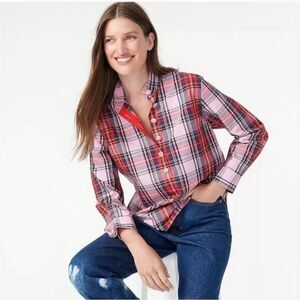 J. Crew Pink & Red Stewart Tartan Plaid Popover Blouse w/ Jeweled Buttons Sz 00